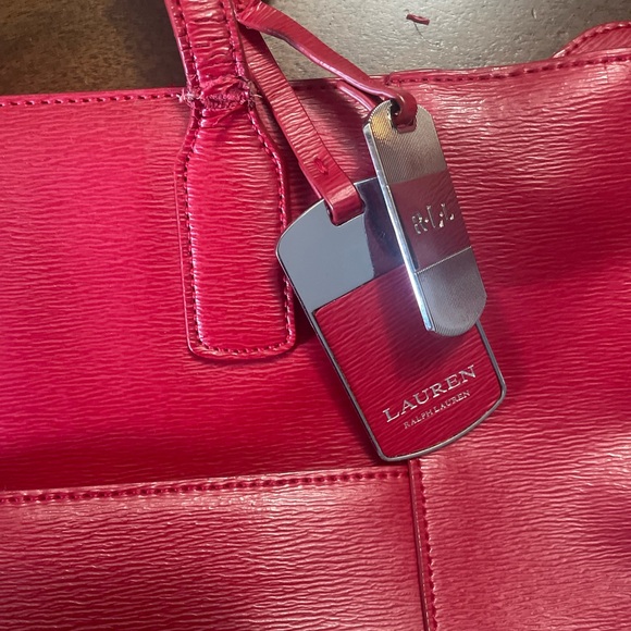 Lauren Ralph Lauren Newbury Tote Saffiano Leather Purse Red Pocketbook - Picture 3 of 9